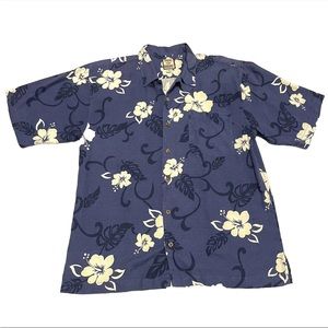 Tommy Bahama Men L Blue Hawaiian Flower Button Shirt Floral Beach Relaxed Style